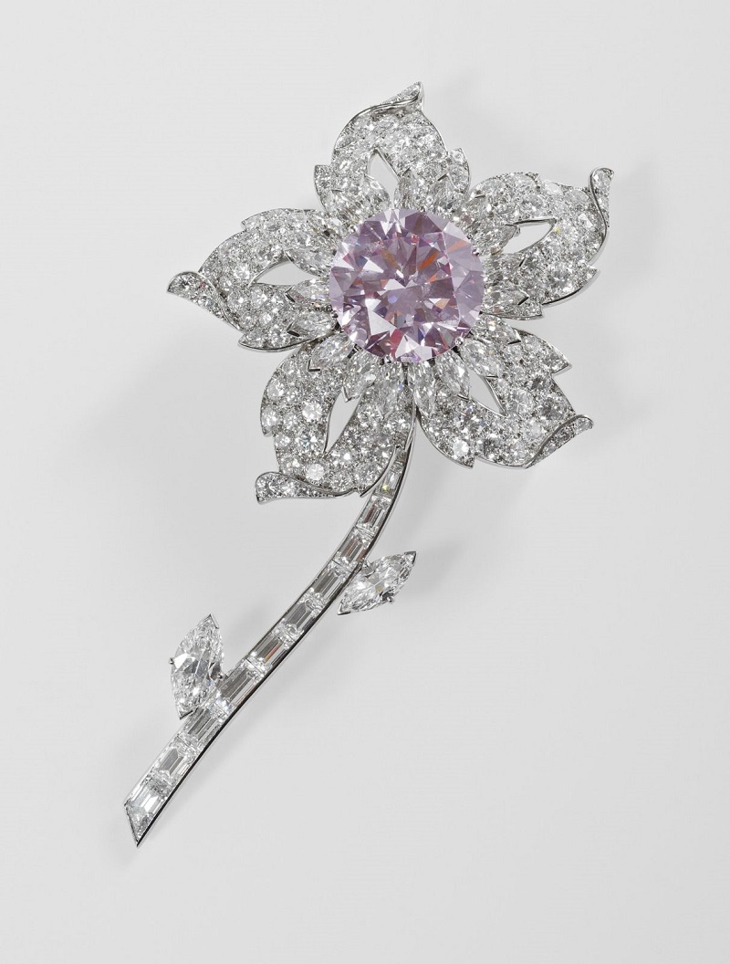 Broche usado pela Rainha Elizabeth II de platina com diamante rosa